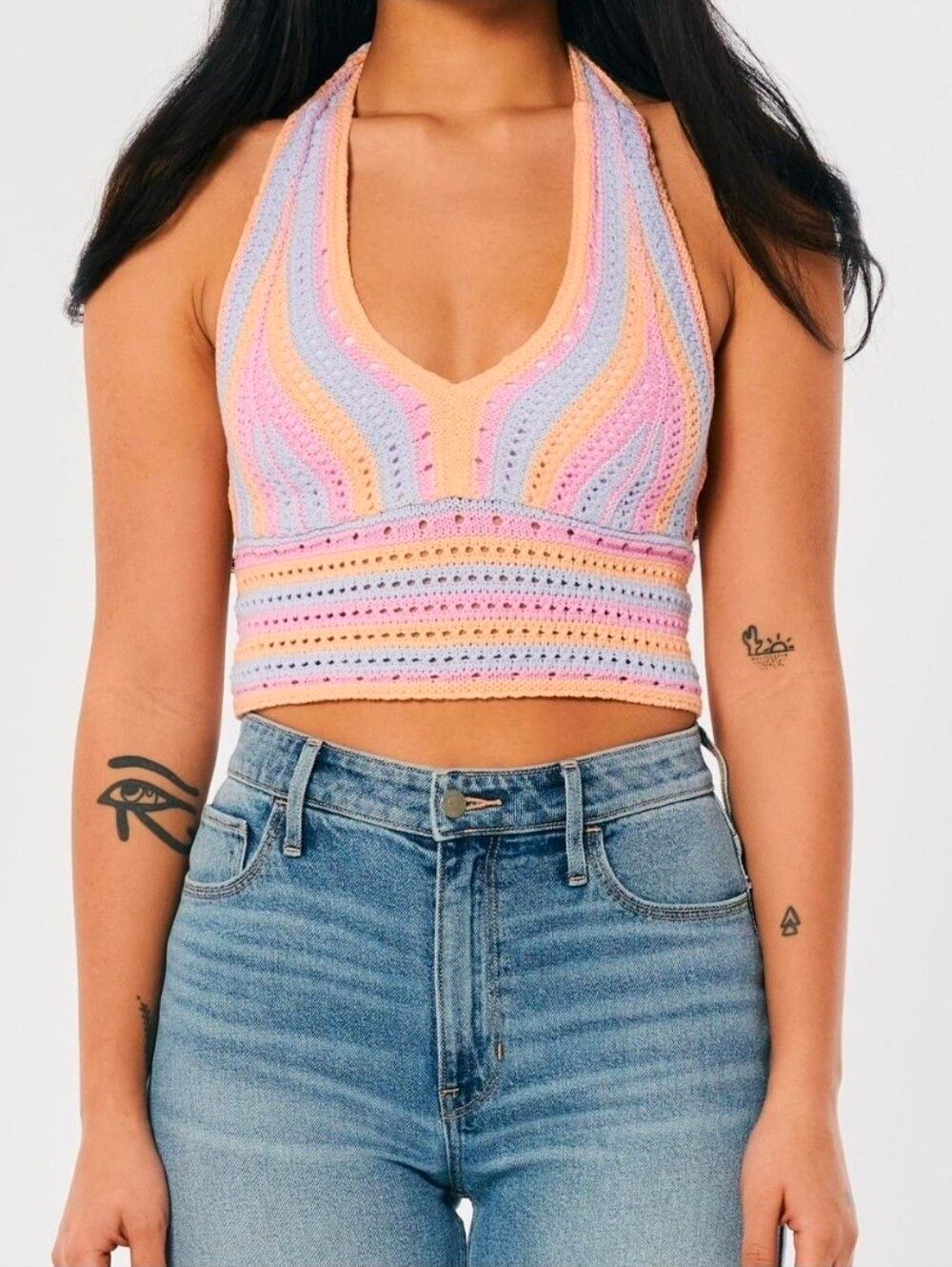 Hollister Y2K Style Pink Striped Beachy Knit Crochet Halter Cropped Tank Top S